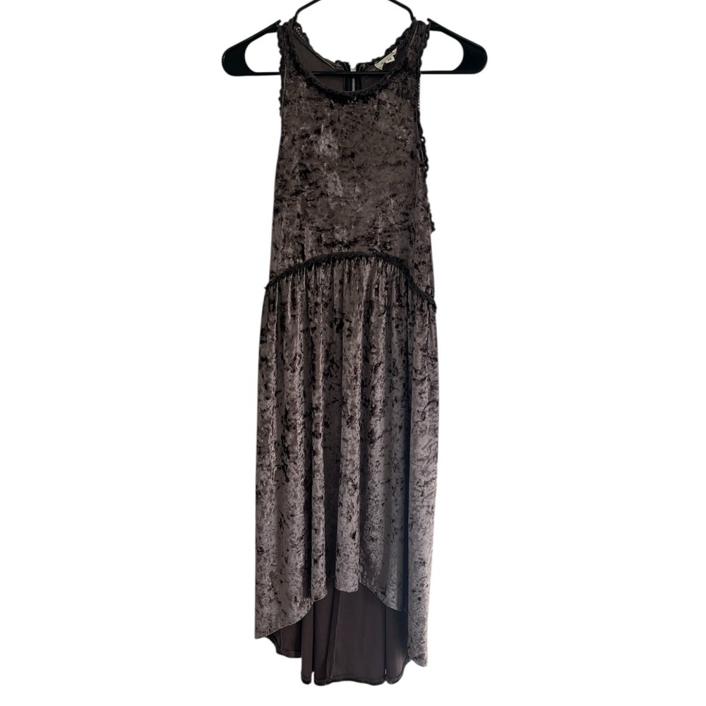 POL Crushed Velvet Brown High-Low Tank Boho Bohemian Whimsical Dress Back‎ Zip M